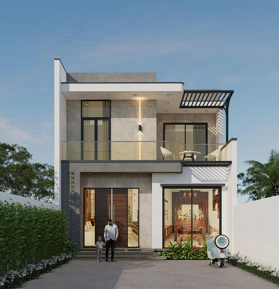 nhà vuông 2 tầng mái bằng