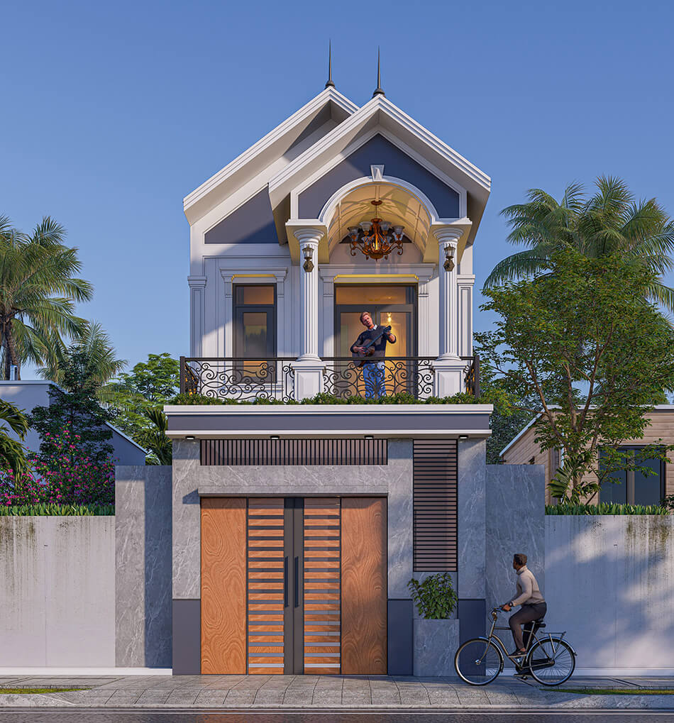Mẫu mặt tiền nhà ống 2 tầng hiện đại mái thái