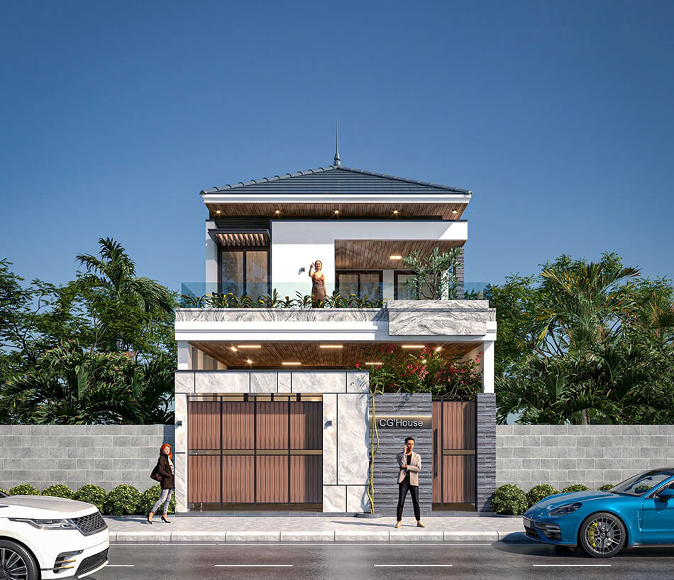 Mẫu mặt tiền nhà ống 2 tầng hiện đại mái nhật